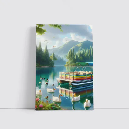 Colorful Pontoon Boat Lake Mountain Scene