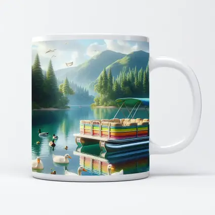 Colorful Pontoon Boat Lake Mountain Scene