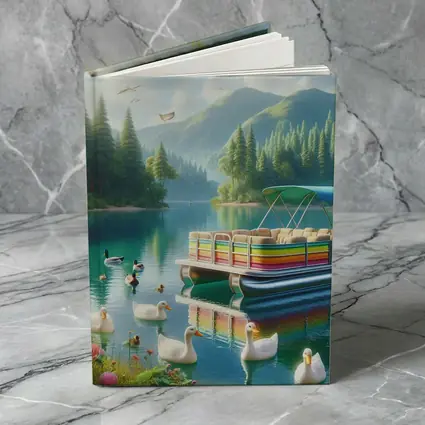 Colorful Pontoon Boat Lake Mountain Scene