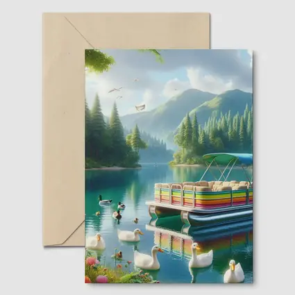 Colorful Pontoon Boat Lake Mountain Scene