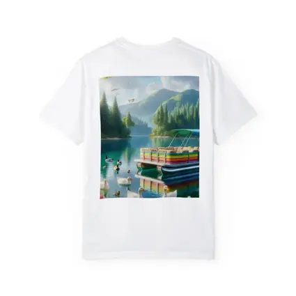 Colorful Pontoon Boat Lake Mountain Scene