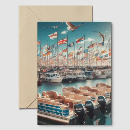 Marina Boats Flags Seagulls Blue Sky