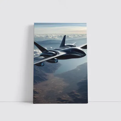Futuristic Black Jet Aircraft Flying Over Mountains