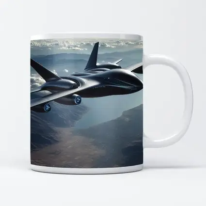 Futuristic Black Jet Aircraft Flying Over Mountains