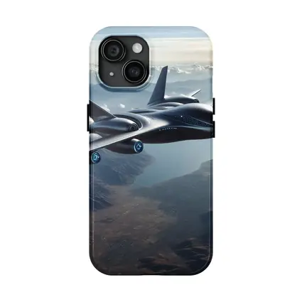 Futuristic Black Jet Aircraft Flying Over Mountains