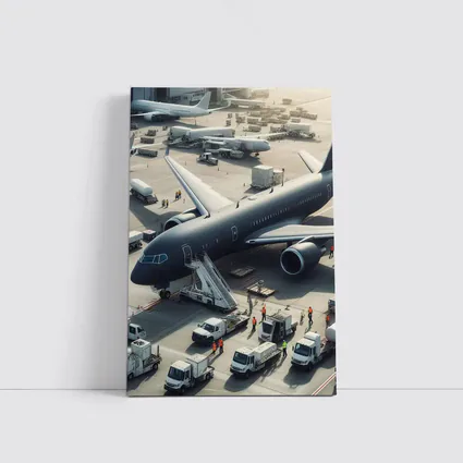 Dark Airplane on Busy Airport Tarmac
