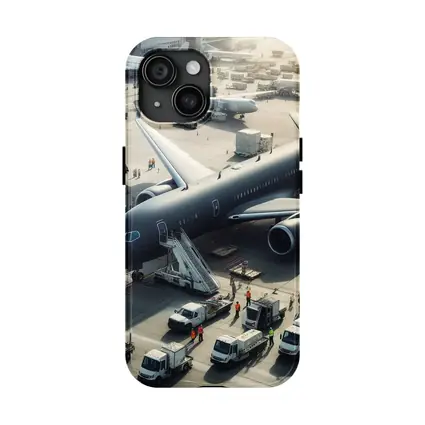 Dark Airplane on Busy Airport Tarmac