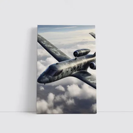 Camouflage Military Jet Flying Above Clouds
