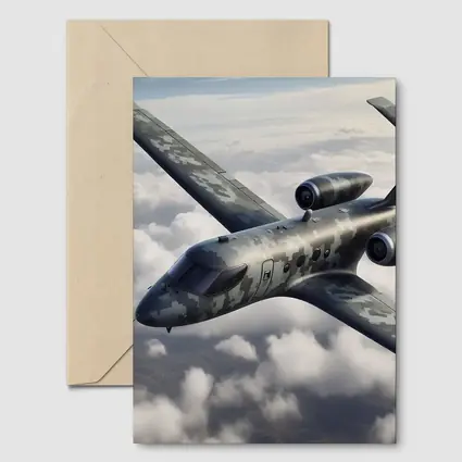 Camouflage Military Jet Flying Above Clouds