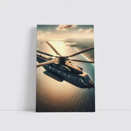 Military Helicopter Flying Over Ocean Sunset