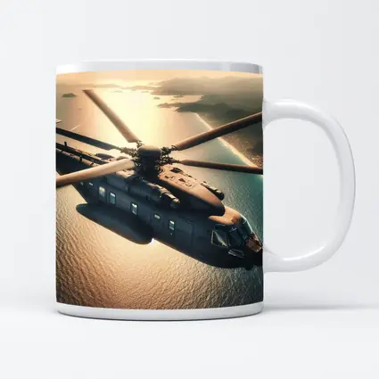 Military Helicopter Flying Over Ocean Sunset