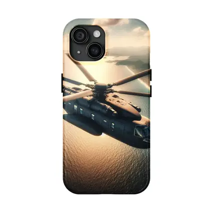 Military Helicopter Flying Over Ocean Sunset