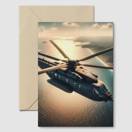 Military Helicopter Flying Over Ocean Sunset