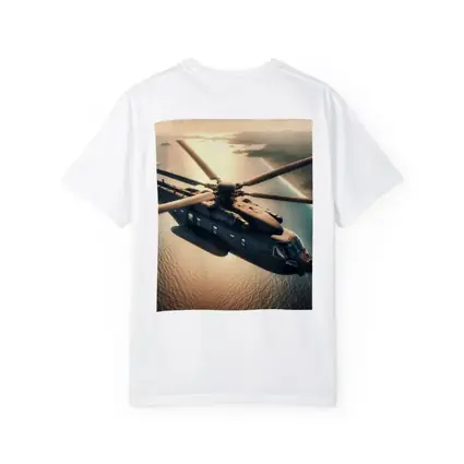 Military Helicopter Flying Over Ocean Sunset