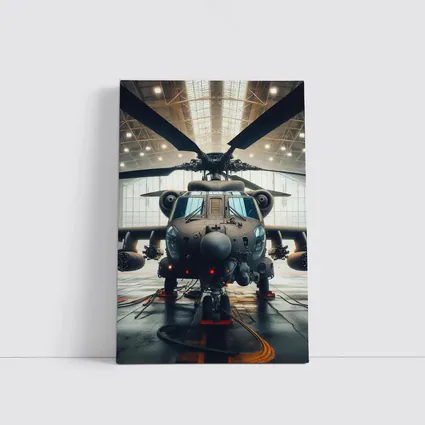 Military Attack Helicopter Inside Hangar