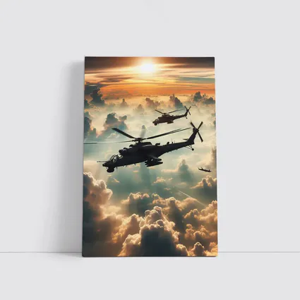 Attack Helicopters Flying Above Golden Clouds