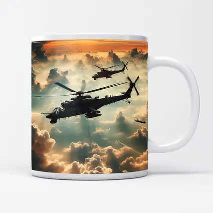 Attack Helicopters Flying Above Golden Clouds