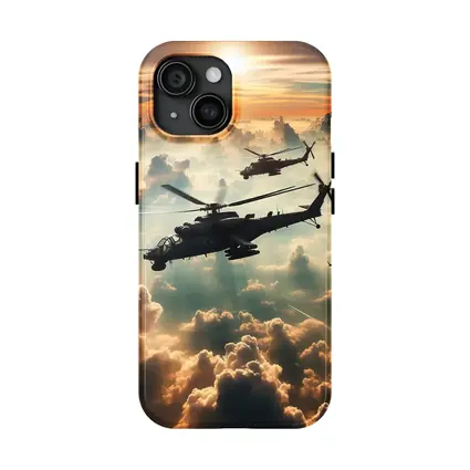 Attack Helicopters Flying Above Golden Clouds