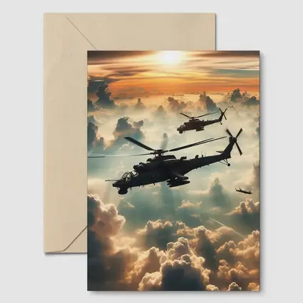 Attack Helicopters Flying Above Golden Clouds