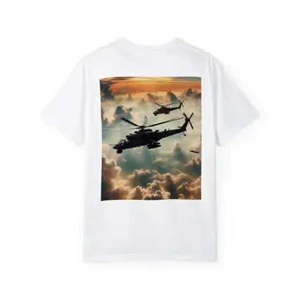 Attack Helicopters Flying Above Golden Clouds