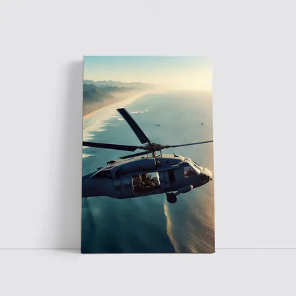 Military Helicopter Flying Over Coastal Shoreline