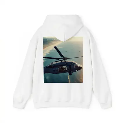 Military Helicopter Flying Over Coastal Shoreline
