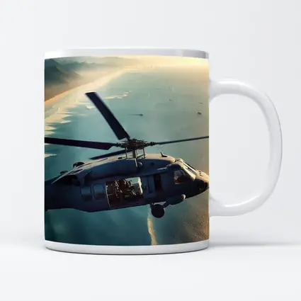 Military Helicopter Flying Over Coastal Shoreline