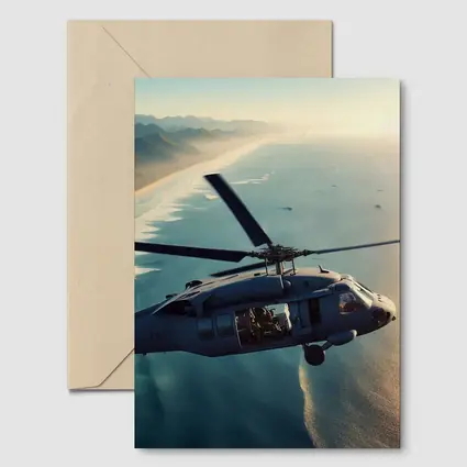 Military Helicopter Flying Over Coastal Shoreline