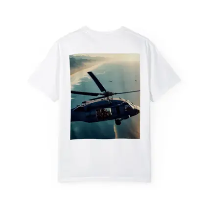 Military Helicopter Flying Over Coastal Shoreline
