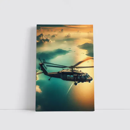 Black Hawk Helicopter Flying Over Coastal Landscape