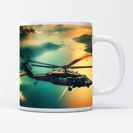 Black Hawk Helicopter Flying Over Coastal Landscape