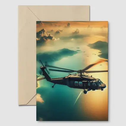 Black Hawk Helicopter Flying Over Coastal Landscape