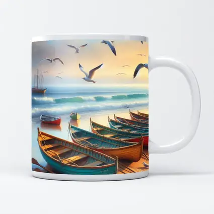 Colorful Rowing Boats Beach Seagulls Ocean Painting