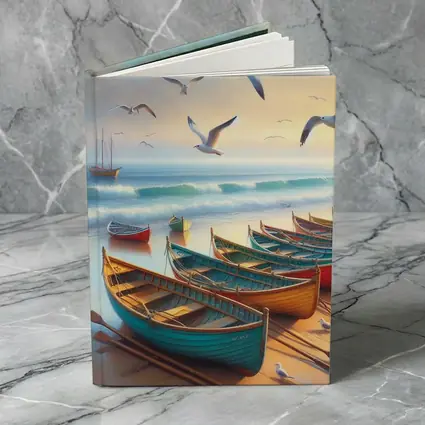 Colorful Rowing Boats Beach Seagulls Ocean Painting