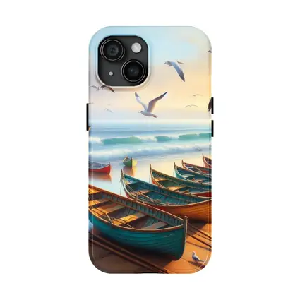 Colorful Rowing Boats Beach Seagulls Ocean Painting