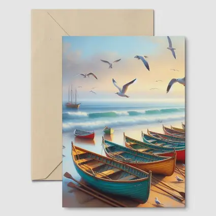 Colorful Rowing Boats Beach Seagulls Ocean Painting