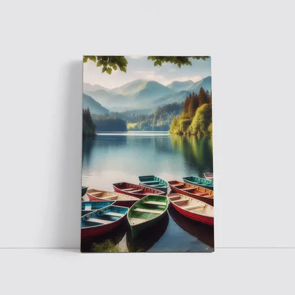 Colorful Rowboats on Calm Mountain Lake