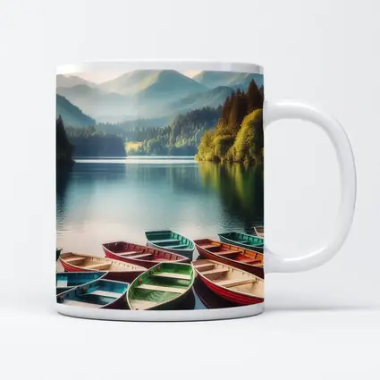 Colorful Rowboats on Calm Mountain Lake