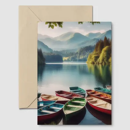 Colorful Rowboats on Calm Mountain Lake