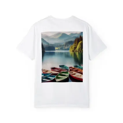 Colorful Rowboats on Calm Mountain Lake