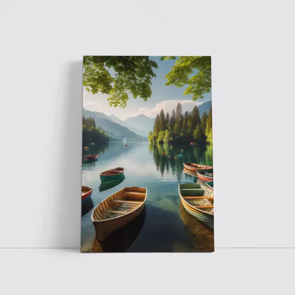 Wooden Rowboats on Calm Mountain Lake