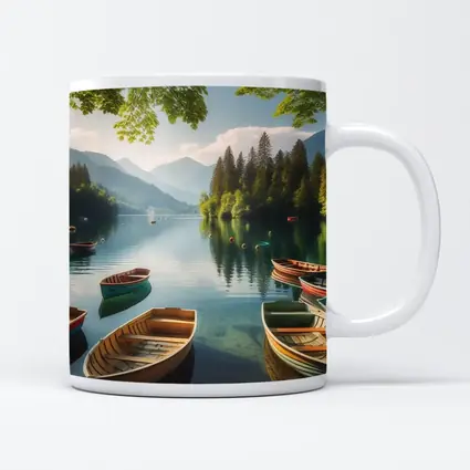 Wooden Rowboats on Calm Mountain Lake