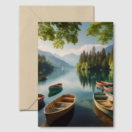Wooden Rowboats on Calm Mountain Lake