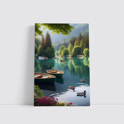 Wooden Rowboats Ducks Calm Forest Lake