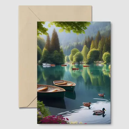 Wooden Rowboats Ducks Calm Forest Lake