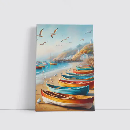 Colorful Rowboats On Sandy Beach Coastal Scene