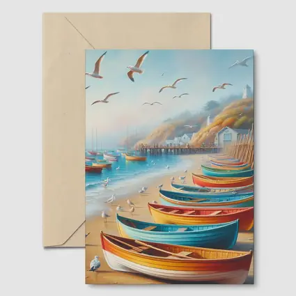Colorful Rowboats On Sandy Beach Coastal Scene