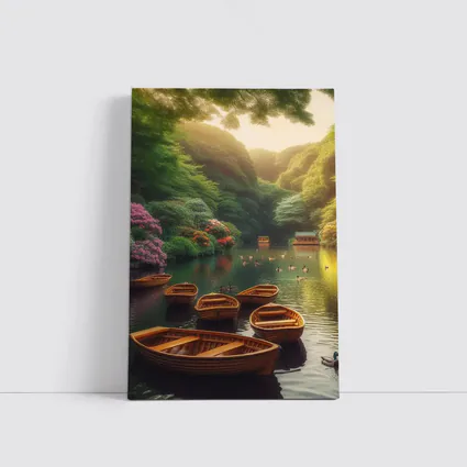 Wooden Rowboats On Peaceful Green Lake