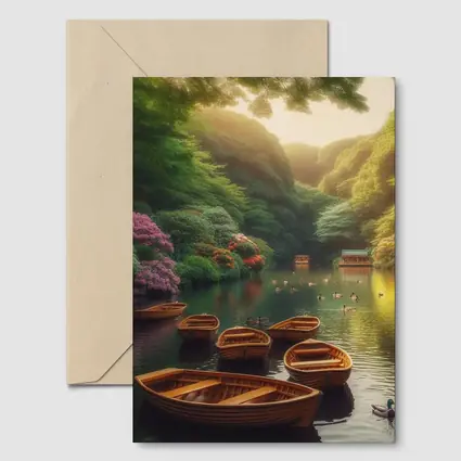 Wooden Rowboats On Peaceful Green Lake