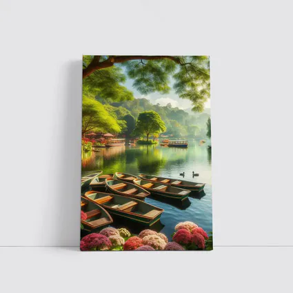 Rowboats on Calm Lake Green Trees